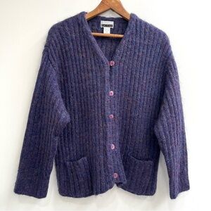 Vintage 90s Express Tricot Fuzzy Mohair Cardigan Purple Grandpa Sweater Ribbed